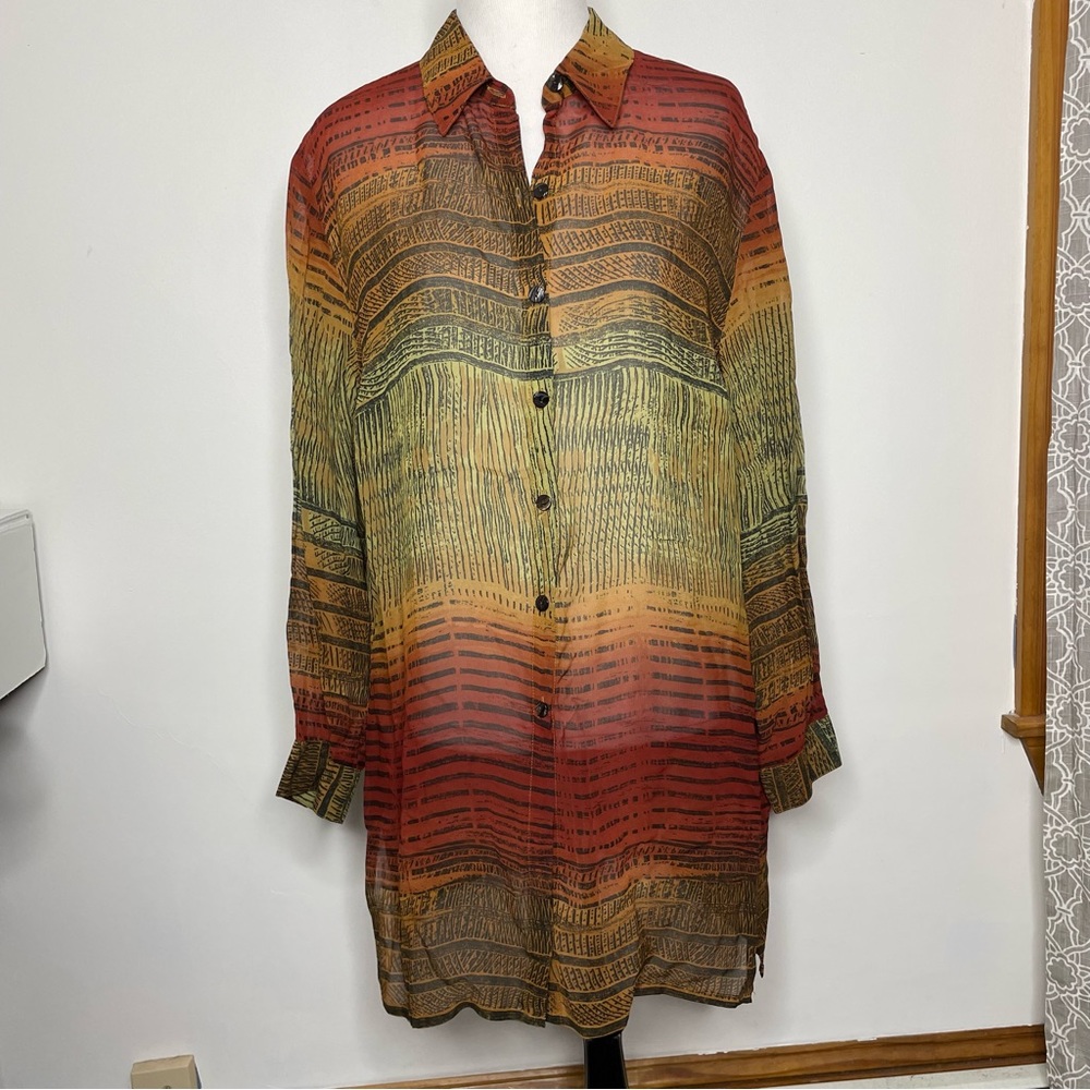 Chico's Design Sheer Long Sleeve Blouse Tunic Rayon Burnt Orange Tribal Print - Picture 4 of 16